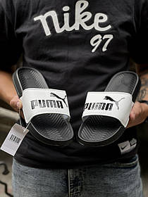 Чоловічі тапочки Puma White Black Літні Біло-чорні тапочки Пума м'які шкіряні пляжні літо