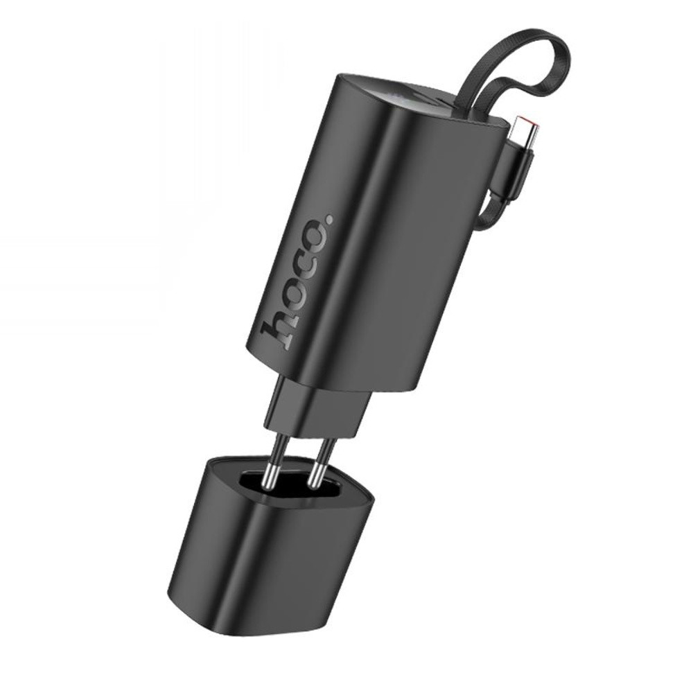 Мережевий зарядний пристрій Hoco J148 з вбудованим Power Bank 5000 mAh PD 20 W + кабель Type-C black