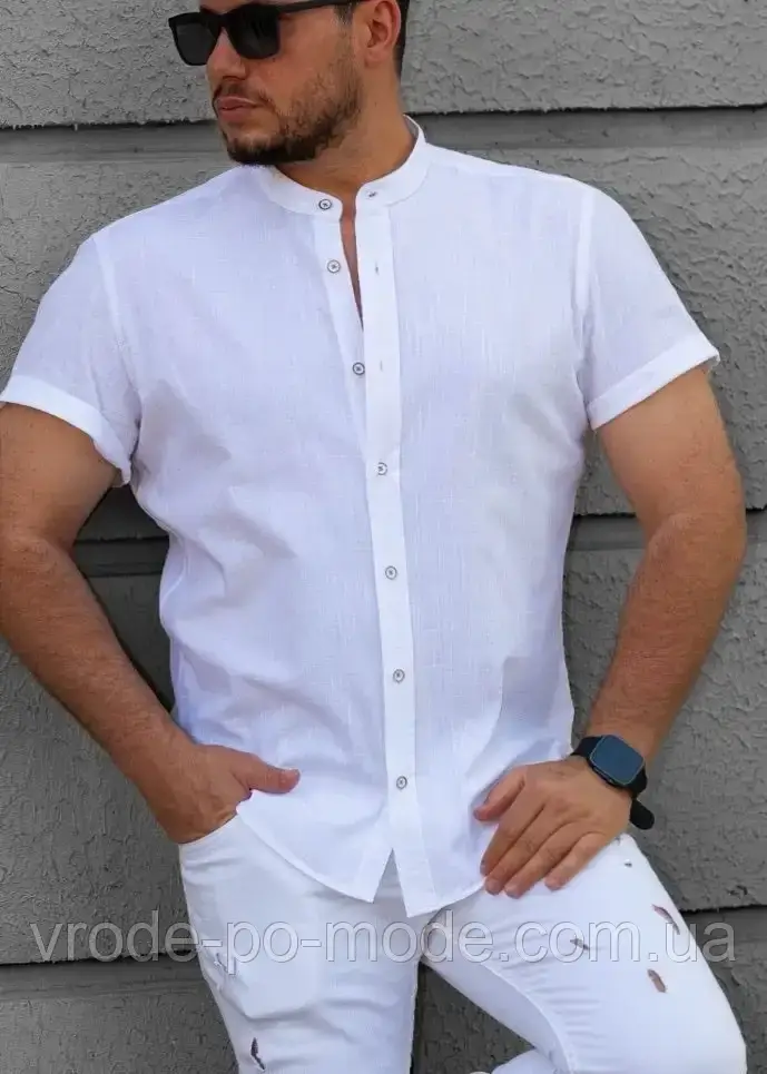 Стильна бавовняна біла чоловіча сорочка під льон, з коротким рукавом, комір стійка, колекція 2025 року