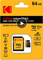 Карта памяти KODAK Micro SD 64 ГБ класс C10 U3 V30 A1, до 100 МБ/с, 4K HD