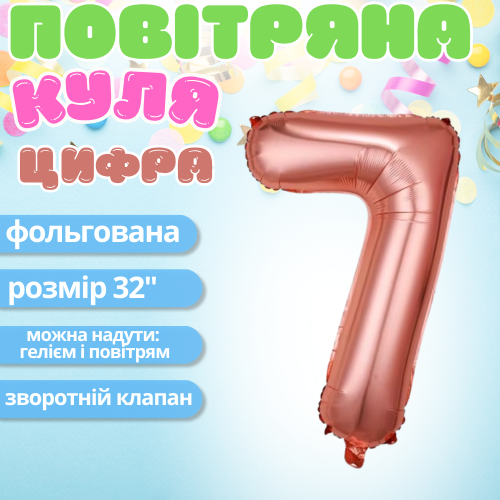 Повітряна куля у вигляді цифри 7 рожеве золото, 32 дюйма, фольгована, святкова для дня народження, річниць, фото 1