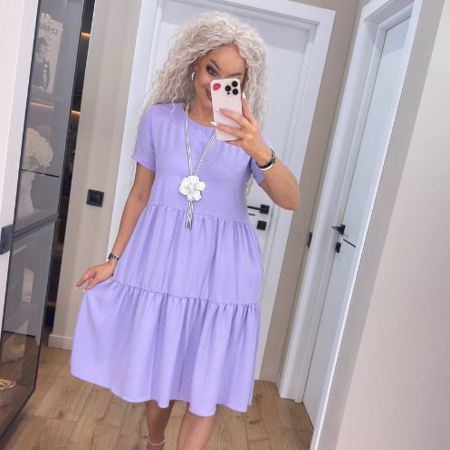 Жіноча літня сукня бузкова вільна коротка сукня з коротким рукавом повсякденна сукня, фото 1