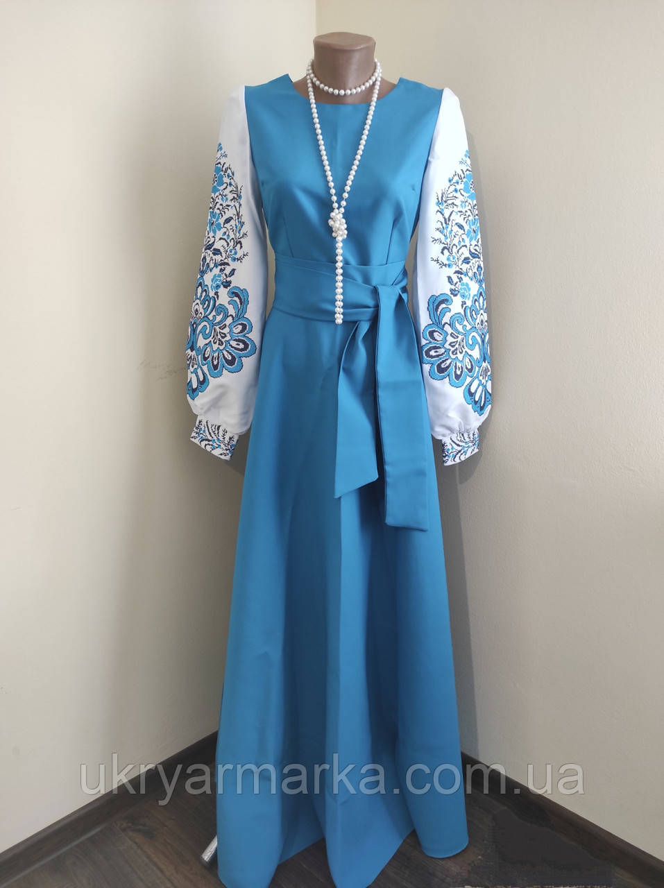 Довге Сценічне вишите плаття "Берегиня" голубе, фото 1