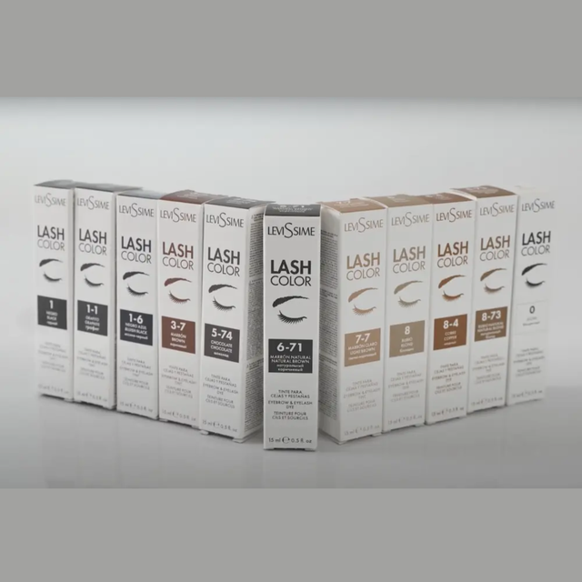 Вся палітра відтінків фарби левісім лаш колор для вій. 6-71 натурально коричневий відтінок фарби левісім лаш колор в центрі зображення