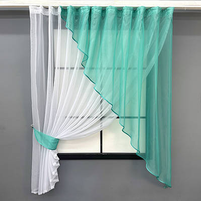 Кухонна фіранка (280х170см.), на карниз 1,5-2м. Колір бірюзовий з білим. Код 069к 52-1194