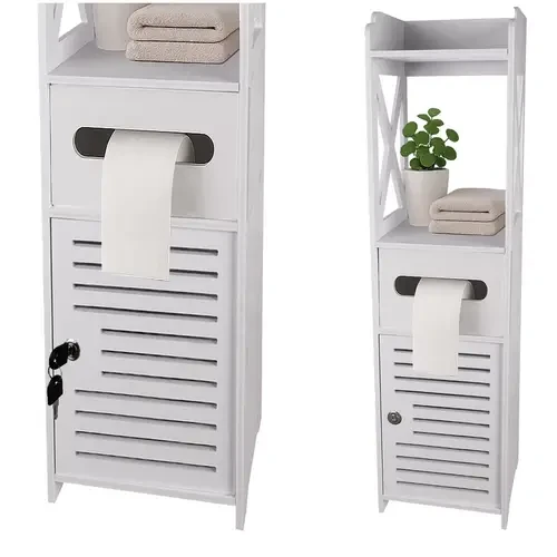 Шафка для ванної Ruhhy 25763 з тримачем туалетного паперу, замком і полицями, біла, фото 1