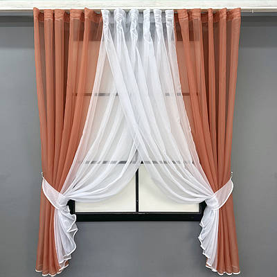 Кухонні шторки (400х170см.) з підв'язками. Колір кораловий з білим. Код 096к 52-1193