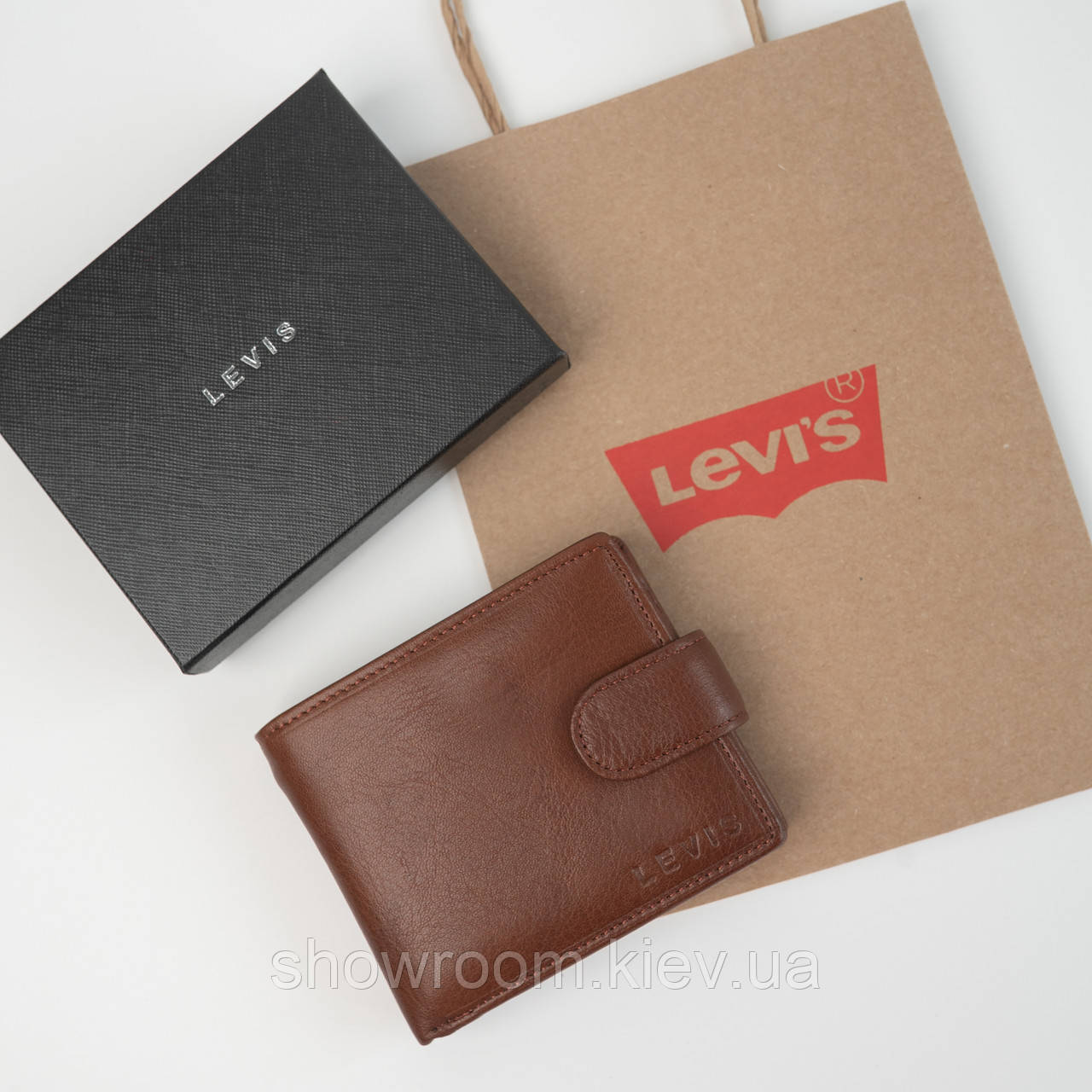 Чоловічий шкіряний гаманець на кнопці Levis (2081) brown, фото 1