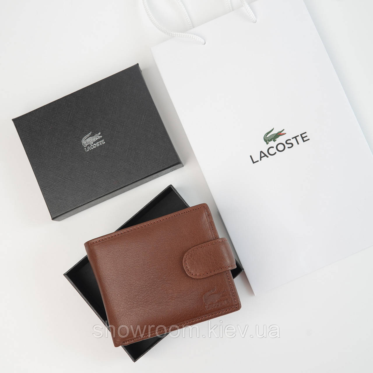 Чоловічий шкіряний коричневий гаманець на застібці Lacoste (2081), фото 1