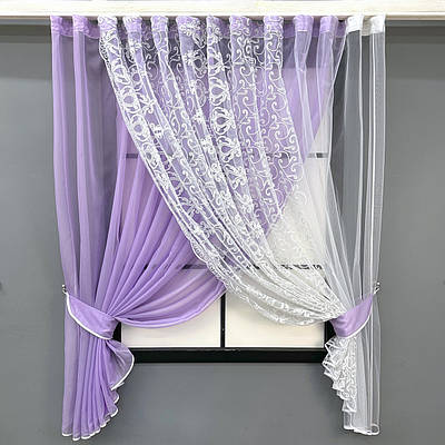 Кухонний комплект (330х170см.) шторки з підв'язками. Колір бузковий з білим. Код 101к 52-1196