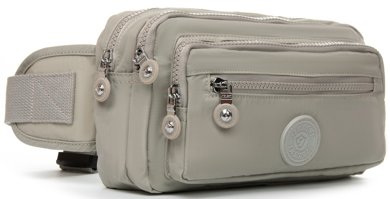 Сумка бананка на пояс на три змійки блискавки жіноча сіра тканинна поясна текстильна Jielshi ZT-019