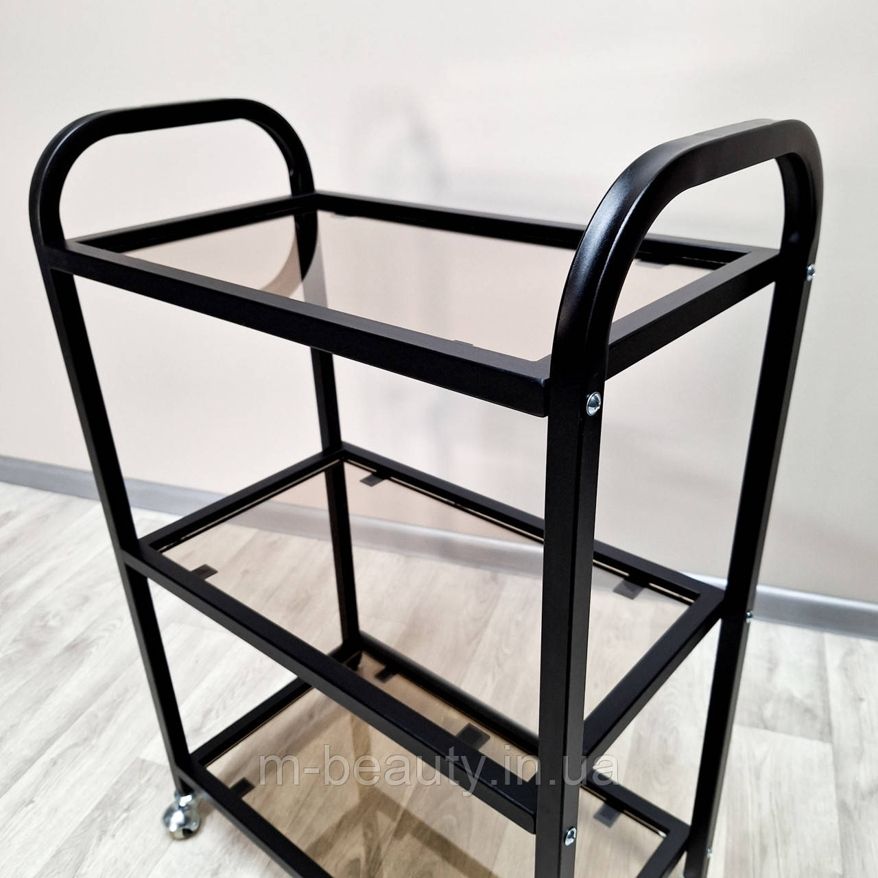 Косметологічний візок чорного кольору для нарощування вій на 3 полиці скло столик для татуажу ST R-21, фото 1