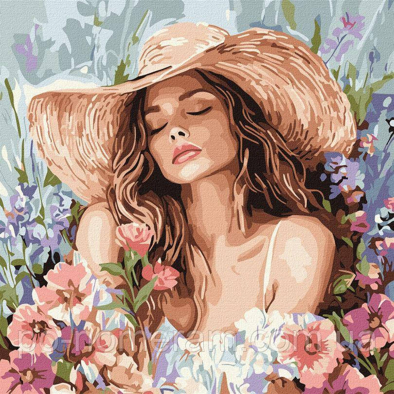 Розмальовка по цифрам Ідейка Дівчина в капелюсі серед квітів ©art_selena_ua (KHO8569) 40 х 40 см, фото 1