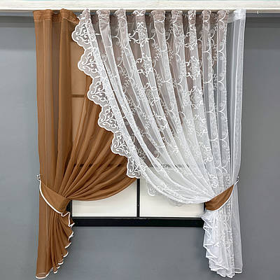 Кухонний комплект (330х170см.), шторки з підв'язками. Колір коричневий з білим. Код 101к 52-1197