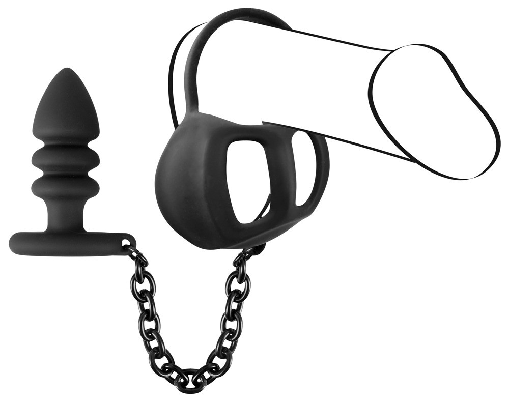 Кільце на пеніс і мошонку з анальним корком Black Velvets Ball cage with a butt plug, фото 1