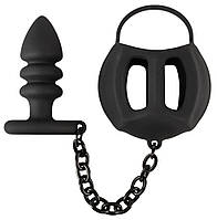 Кільце на пеніс і мошонку з анальним корком Black Velvets Ball cage with a butt plug, фото 6