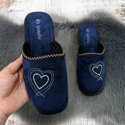Капці жіночі домашні Inblu темно-сині велюрові з вишивкою 4998, фото 1