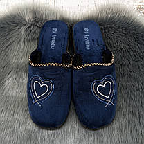 Капці жіночі домашні Inblu темно-сині велюрові з вишивкою 4998, фото 5