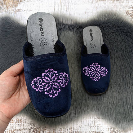 Тапочки жіночі домашні Inblu темно-сині велюрові з вишивкою 4590-2, фото 1