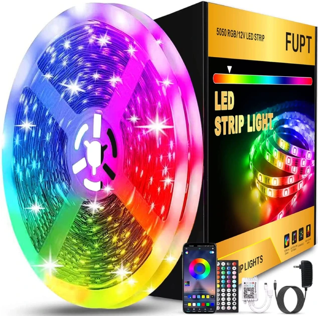 Світлодіодна стрічка FUPT, RGB LED, з пультом, з керуванням через додаток, водостійка, синхронізація з музикою, 20м, фото 1