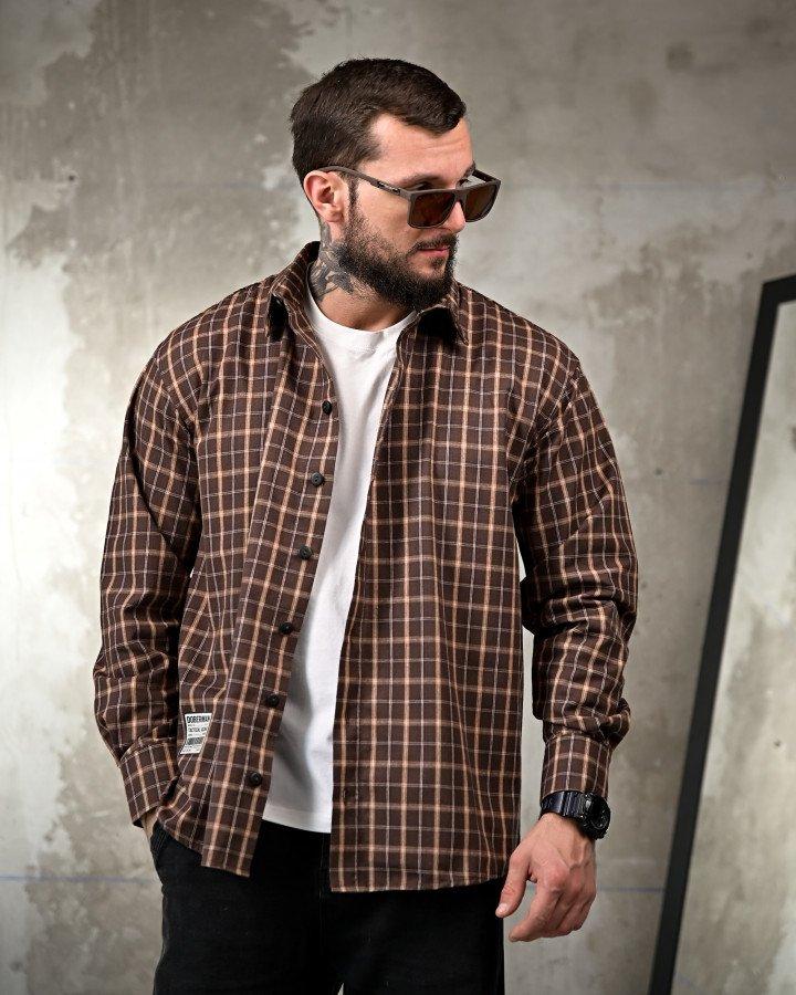 Рубашка оверсайз DOBERMAN клітинка коричнева ПП7660, фото 1