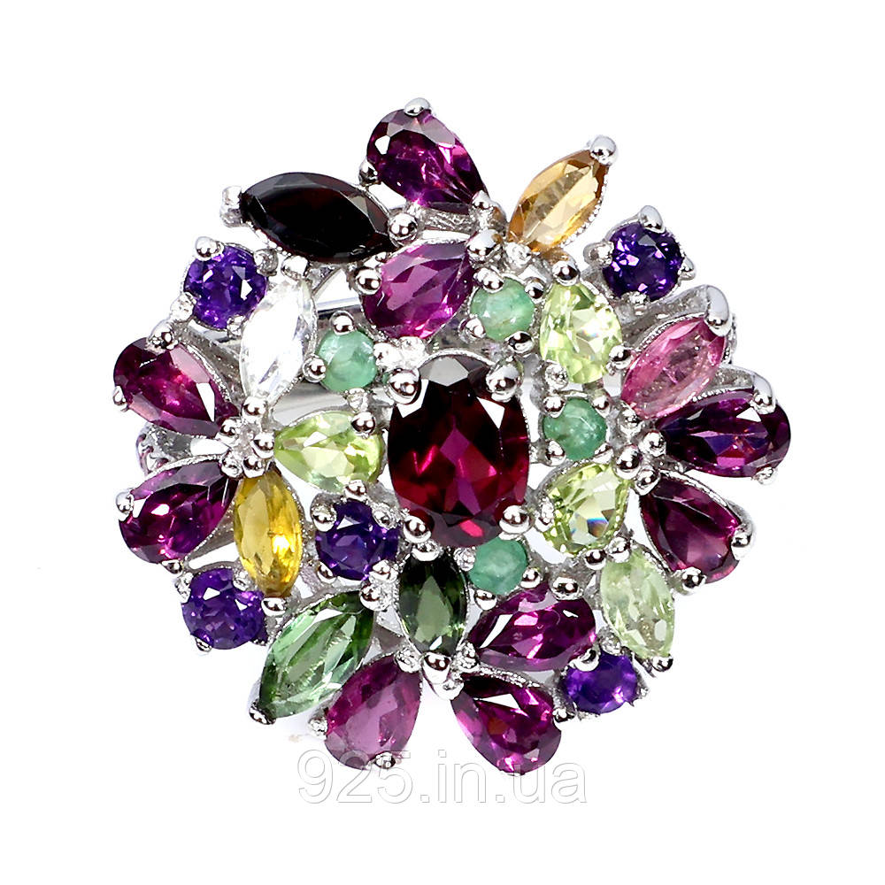 Каблучка. Натуральний гранат родоліт, аметист, смарагд, перидот і турмалін. Срібло 925., фото 1