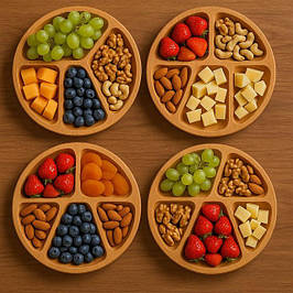 Деревʼяні тарілки-менажниці для подачі закусок та фруктів