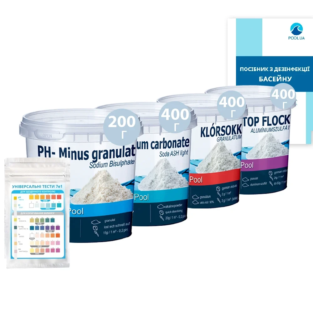 Комплексний набір хімії «Аква Аптечка»  InPool  80511 для коригування балансу води до обсягу басейну 5 ÷ 13м³  (pH+ 200г, pH-
