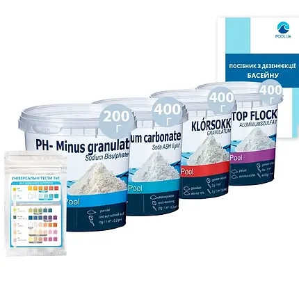 Комплексний набір хімії «Аква Аптечка»  InPool  80511 для коригування балансу води до обсягу басейну 5 ÷ 13м³  (pH+ 200г, pH-, фото 1