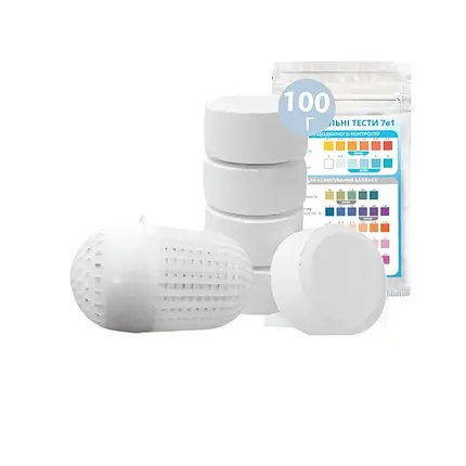 Набір хімії «Аква Догляд» InPool 80515 для басейну 0.5 ÷ 1 м³ (MINI хлор 100 г, SMALL: поплавок, тести), фото 1