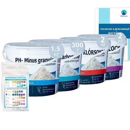 Комплексний набір хімії «Аква Аптечка» InPool 80513 для коригування балансу води до об'єму басейну 27 ÷ 40 м³ (pH+ 300г, pH- 1,5, фото 1