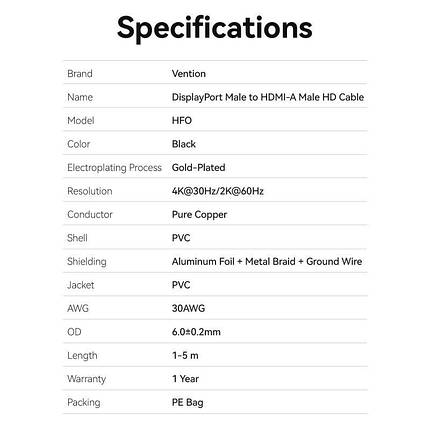 Кабель DisplayPort-HDMI v.1.2 Vention PVC 4K 30Hz 2K 60Hz 5m Black (HFOBJ), фото 2