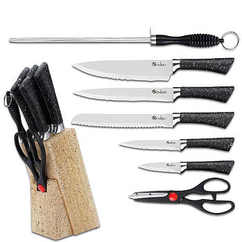 Набір з 5 кухонних ножів з нержавіючої сталі з ножицями та підставкою UNIQUE UN-1837 Набір 8 в 1