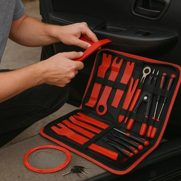 Набір інструментів для демонтажу обшивки салону автомобіля 19в1 у чохлі Чорний з червоним, фото 1