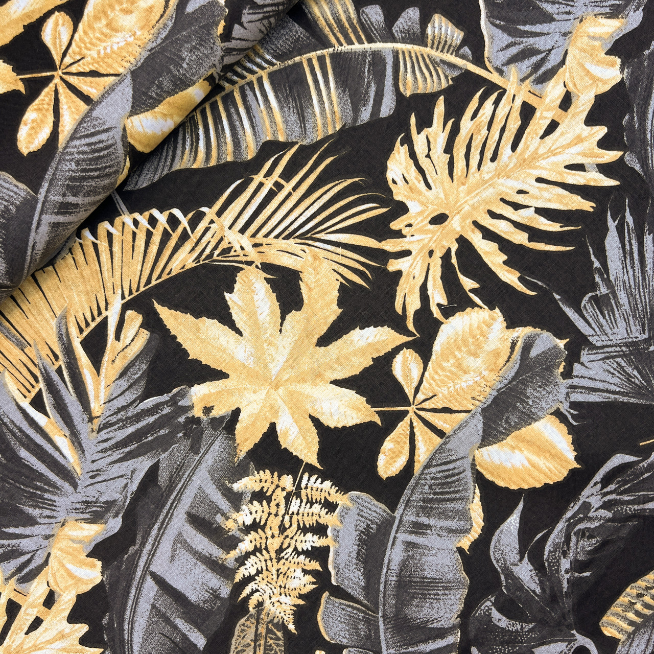 Польська бязь "Листя монстери чорні, золоті, на чорному" 160 см, фото 1
