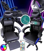 Геймерське крісло з RGB підсвіткою, подушками та висувною підставкою для ніг, Чорний (G895)