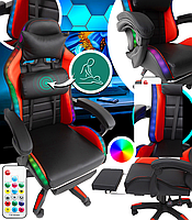 Геймерське крісло з RGB підсвіткою, подушками та висувною підставкою для ніг, Чорний/Червоний (G896)