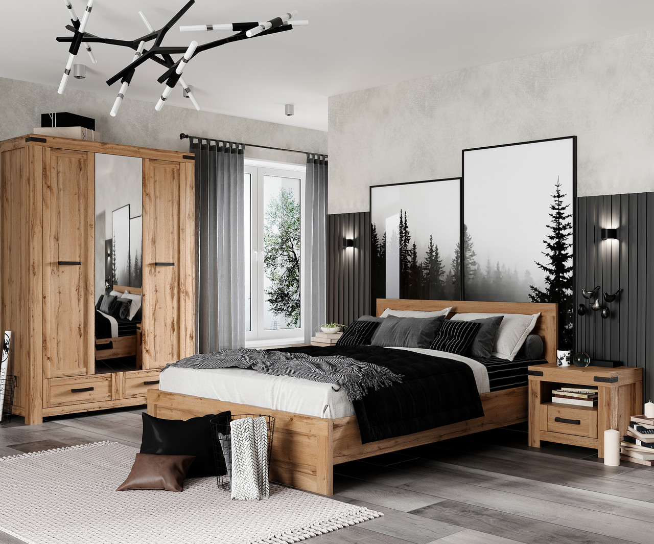 Сучасний стильний спальний гарнітур комплект меблів з шафою в спальню ЛДСП Мортіз Мебель Сервіс дуб вотан