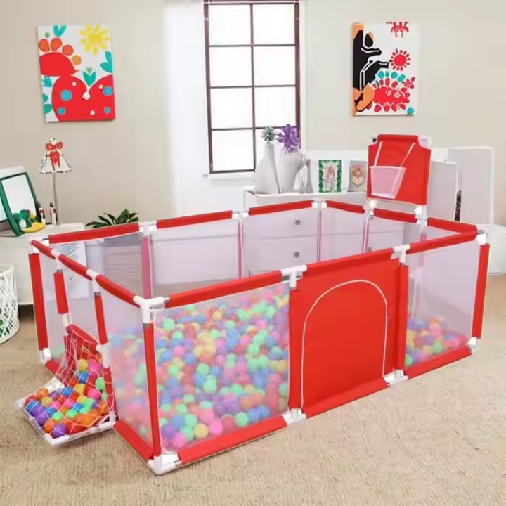 Дитячий манеж IMBABY червоний з футбольними воротами, волейбольною сіткою та кільцями 190×129×66 см, фото 1