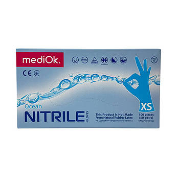 Рукавички одноразові нітрилові без пудри блакитні Ocean Mediok 100 шт, 3.8 грам розмір XS