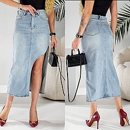 Жіноча джинсова спідниця довжини міді з розрізом на нозі