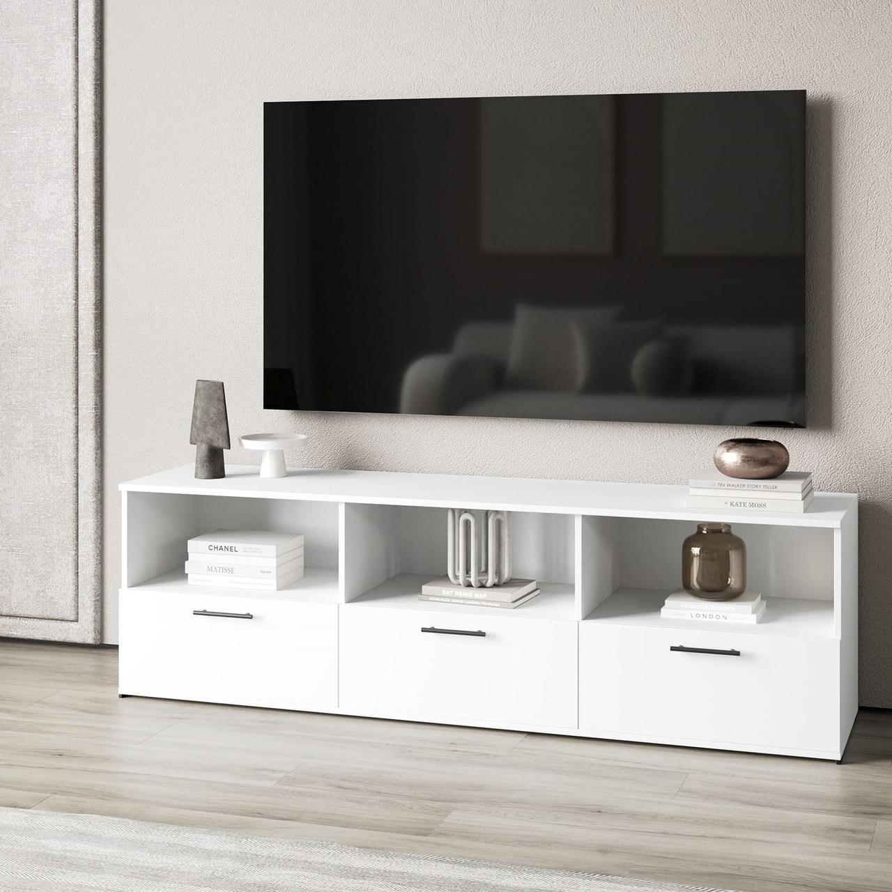 Тумба під телевізор відкрита з 3 висувними ящиками з ламінованого ДСП Довгі тумби під телевізор у вітальню, фото 1