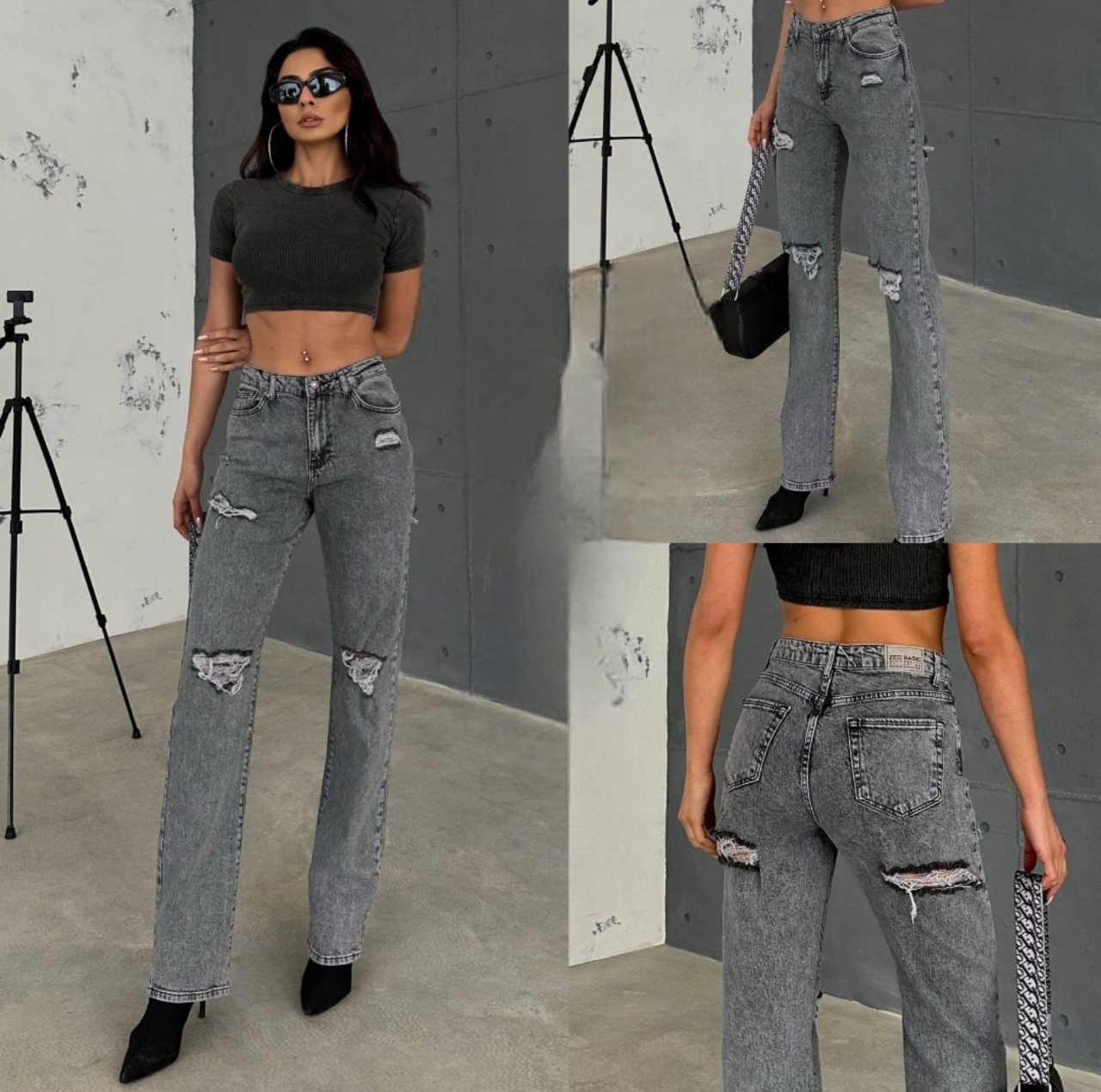 Жіночі сірі рвані джинси прямого крою звужені донизу, фото 1