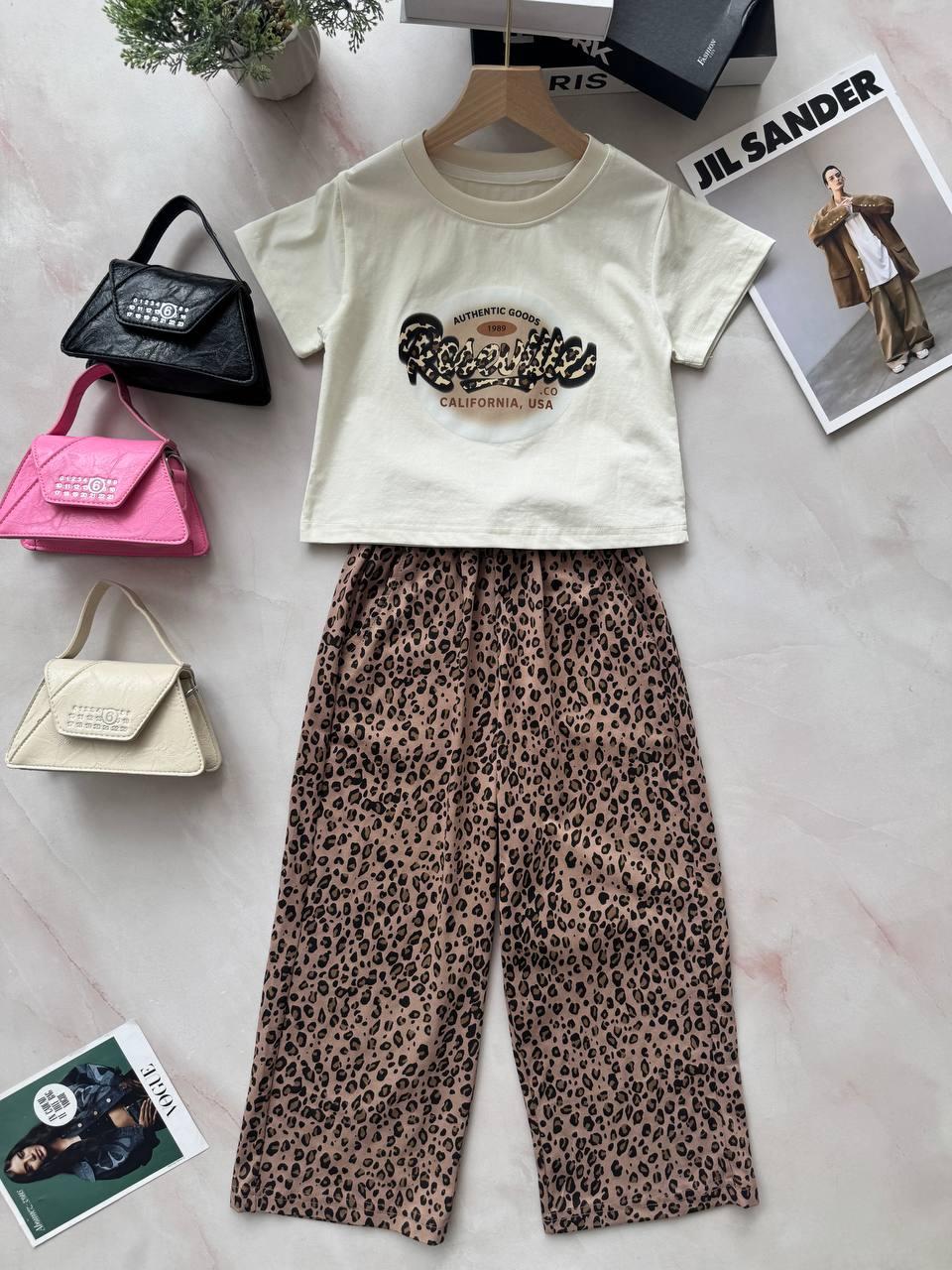 Комплект 2-ка футболка з штанами леопард Молочний 5301100, Молочний, Для дівчаток, Весна Літо, 110, фото 1