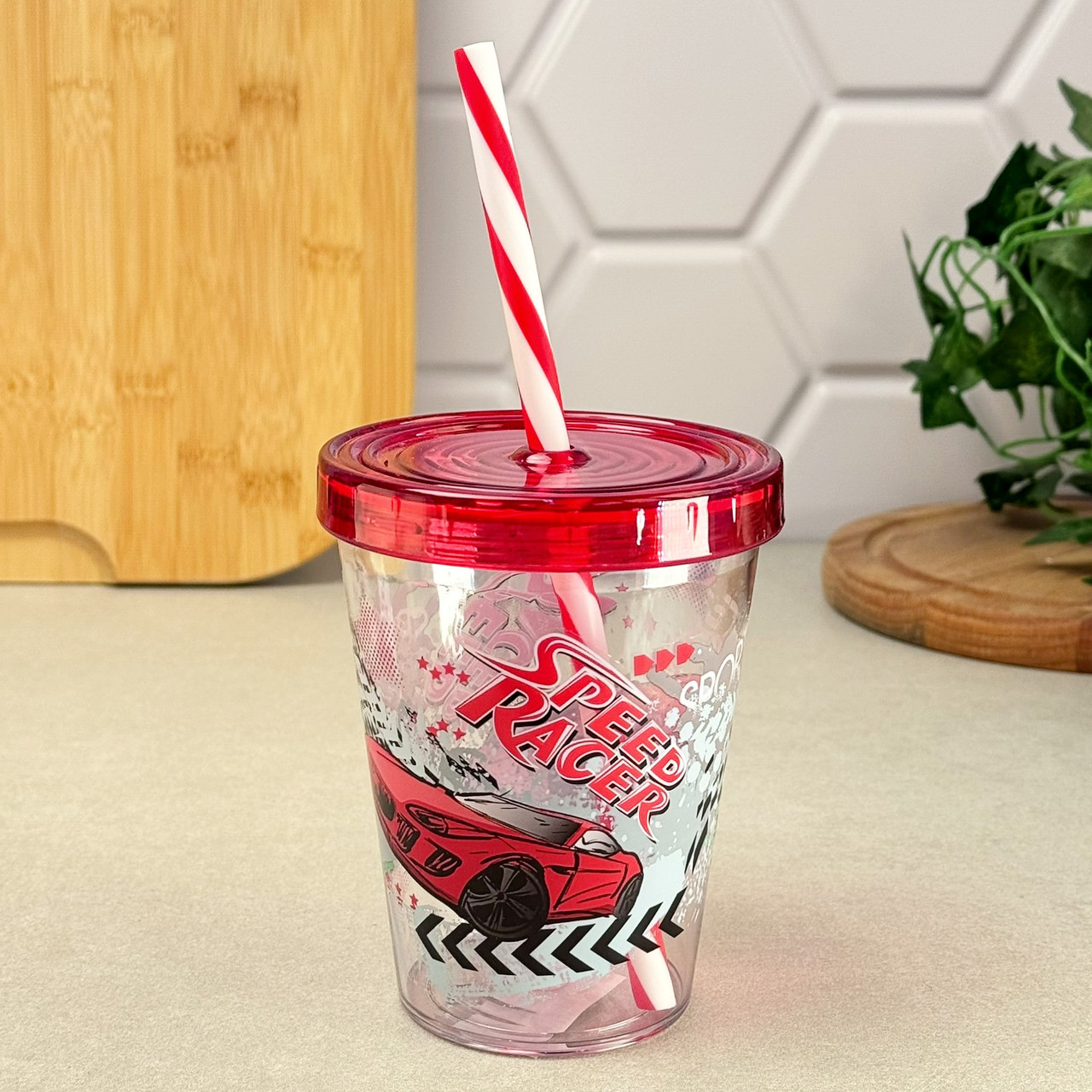 Склянка з трубочкою 0,45 л червоний декор Speed Racer Herevin