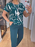 Практичний брючний костюм жіночий весняний літній темно-зелений костюм блузка з коротким рукавом і штани, фото 2