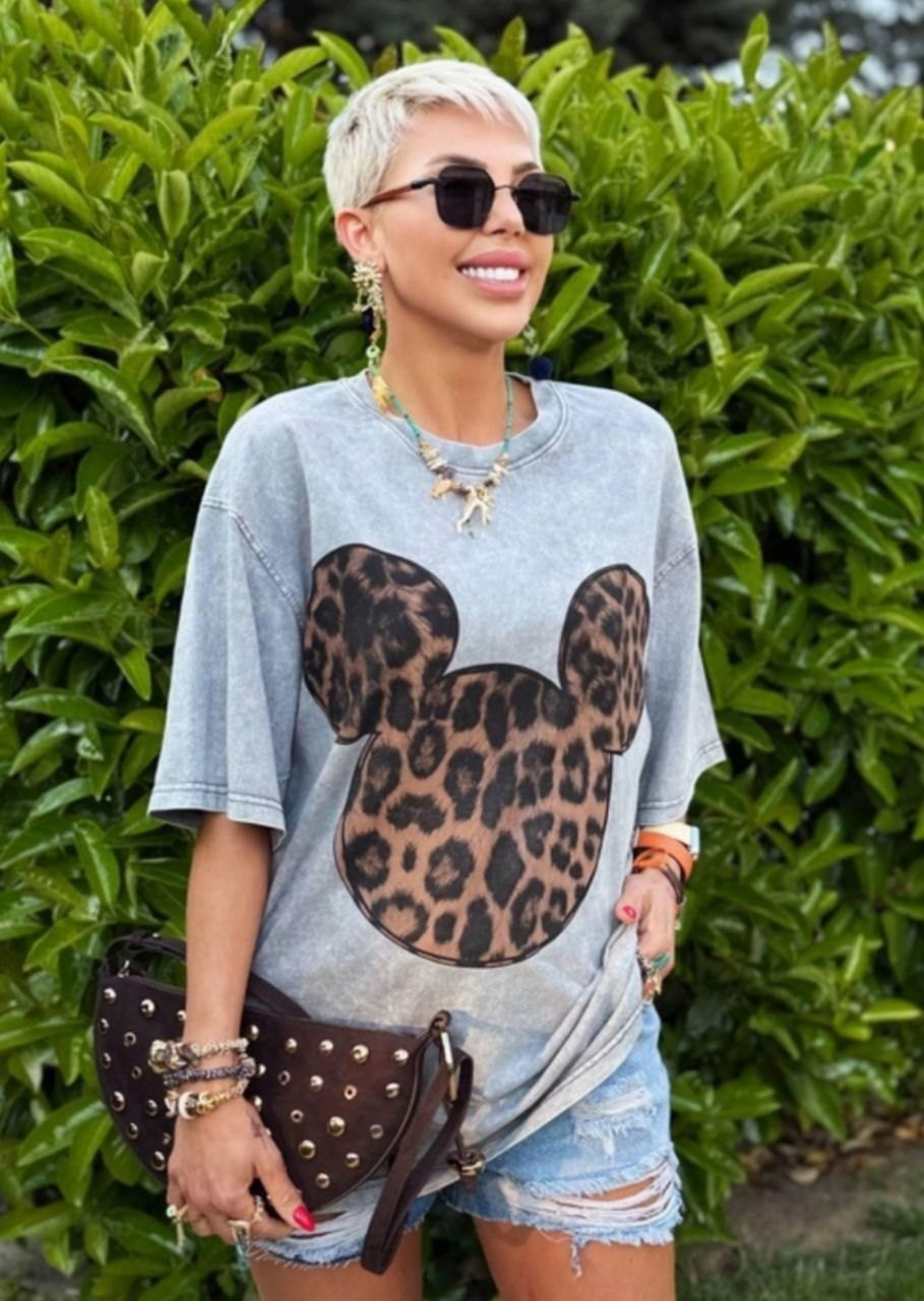 Футболка сіра варенка мікі леопард принтам тай дай стиль жіночий оверсайз, фото 1