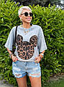 Футболка сіра варенка мікі леопард принтам тай дай стиль жіночий оверсайз, фото 5