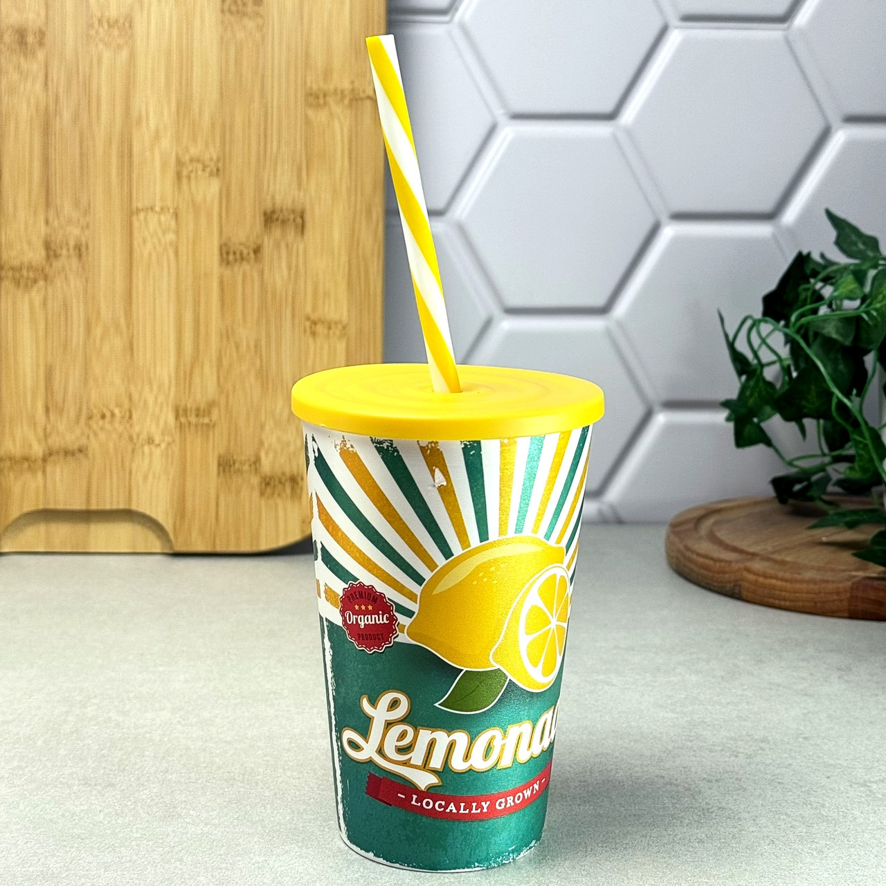 Склянка з трубочкою 0,65 л жовтий декор Lemonade Herevin, фото 1