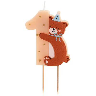 PartyDeco Свичка для торта цифра 1 з ведмедиком у ковпаку 7,0 см
